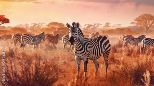 A group of zebras grazing in a field. AI generated © ArtStage