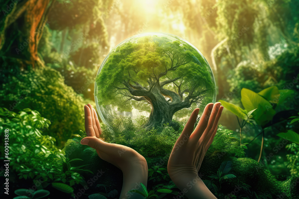 Hands holding a green tree globe on a summer background of tropical nature, the concept of ecology and the environment. Generative AI