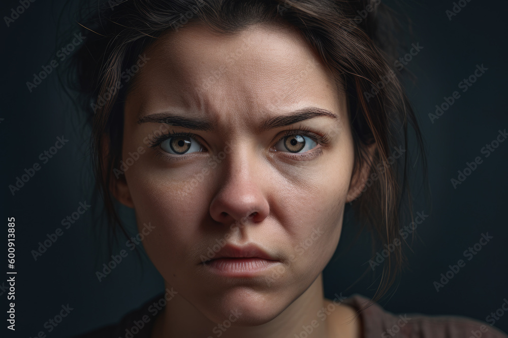 Close-up portrait of a woman with furrowed brows and a frustrated expression, against a soft-focus studio background, generative ai Close-up portrait of a woman with furrowed brows and a frustrated expression, against a soft-focus studio background, generative ai