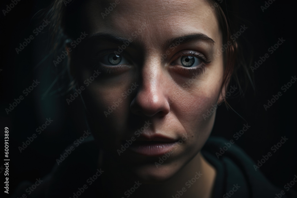 Close-up portrait of a woman with piercing eyes revealing deep disappointment, surrounded by a dark and mysterious studio background, generative ai
