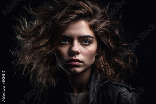 Captivating portrait of a young woman with envious expression and tousled hair, standing in a dramatic studio setting, generative ai