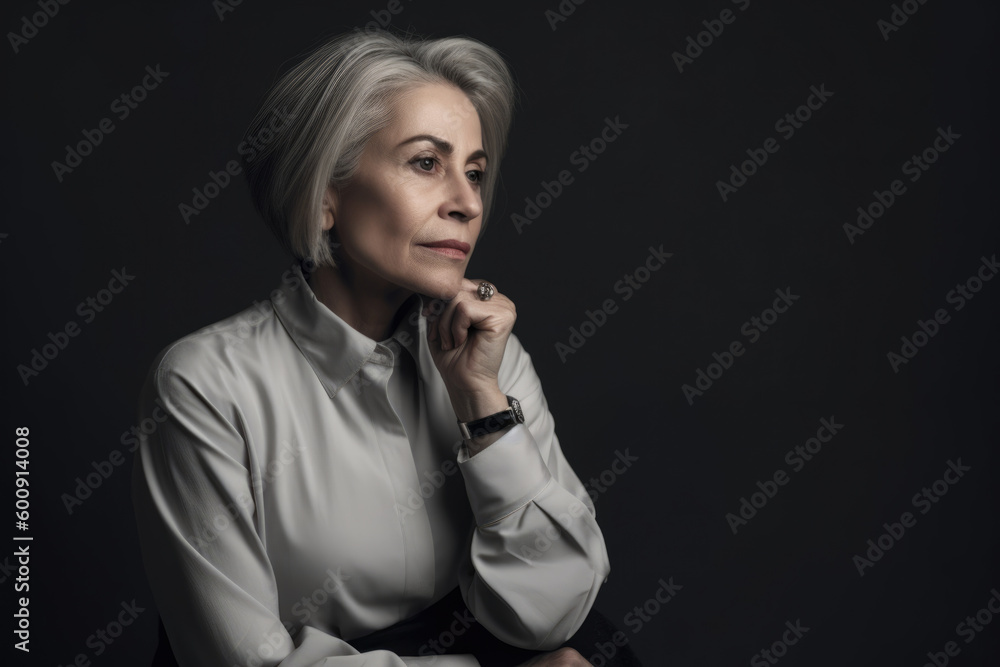 elegant middle-aged woman wearing a stylish outfit, showing a subtle look of disappointment on a monochrome studio background, generative ai elegant middle-aged woman wearing a stylish outfit, showing a subtle look of disappointment on a monochrome studio background, generative ai