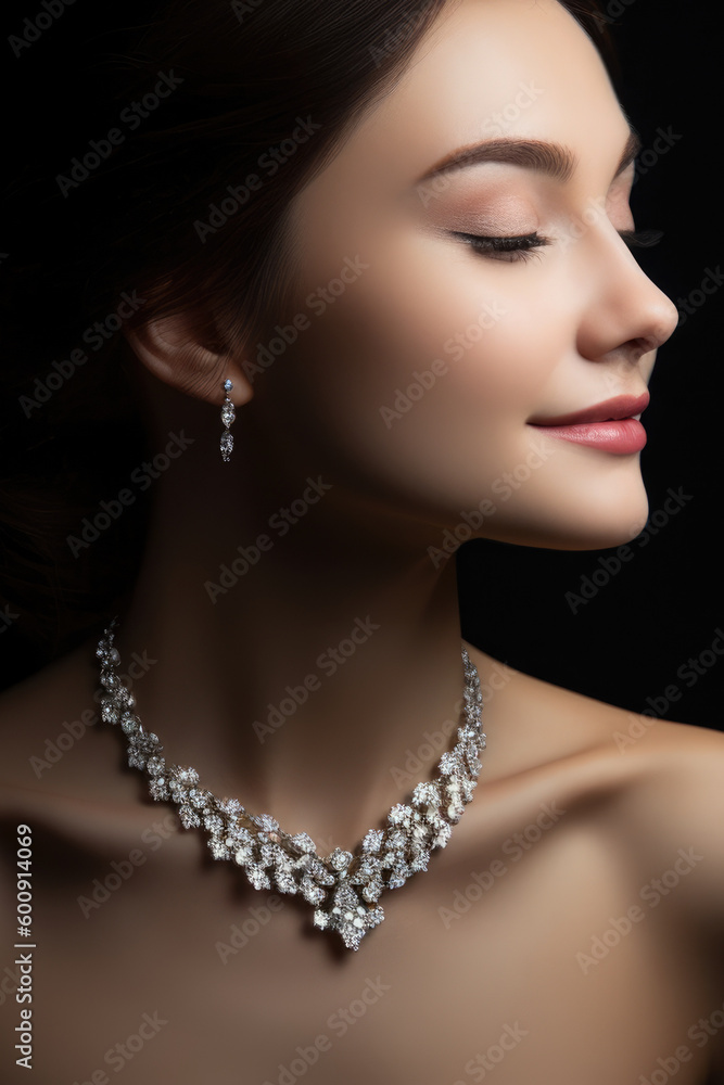 Elegant Woman with Joyful Expression Admiring a Sparkling Diamond Necklace, generative ai