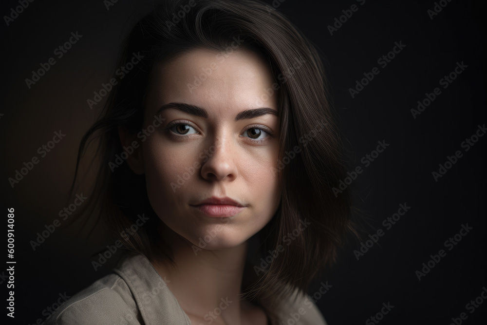 Emotive portrait of a woman with envious eyes and a serene expression, shot in a minimalist studio set-up, generative ai Emotive portrait of a woman with envious eyes and a serene expression, shot in a minimalist studio set-up, generative ai