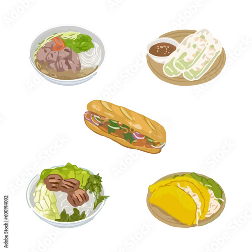Vietnamese cuisine dishes watercolor vector illustration set.