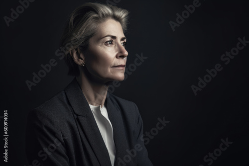 elegant middle-aged woman wearing a stylish outfit, showing a subtle look of disappointment on a monochrome studio background, generative ai