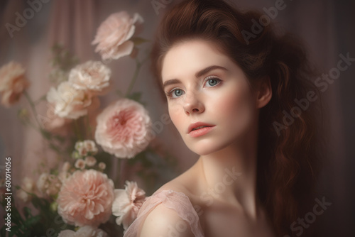 Elegant portrait of a woman with a serene expression and gentle smile, emanating gratitude and positivity, captured in a studio with soft pastel tones and delicate props, generative ai