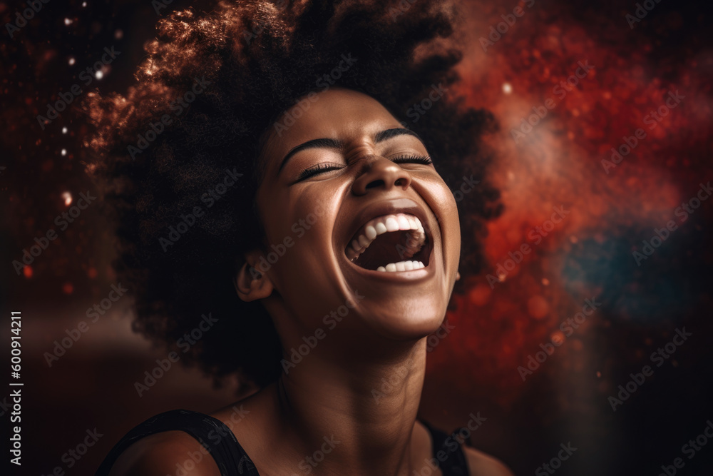 Exuberant Joy portrait of a woman expressing exuberant joy with a beaming smile and radiant energy against a lively and energetic studio background, generative ai