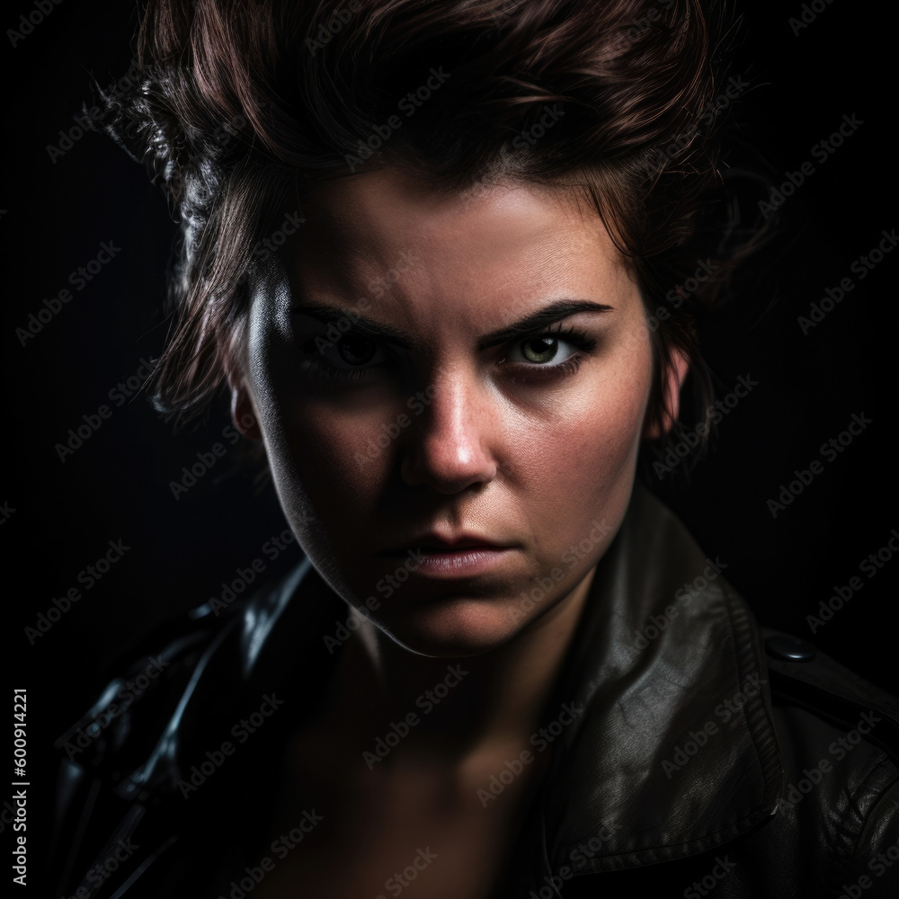 Fierce female portrait with an angry expression captured in a studio setting with dramatic lighting and deep shadows, generative ai Fierce female portrait with an angry expression captured in a studio setting with dramatic lighting and deep shadows, generative ai