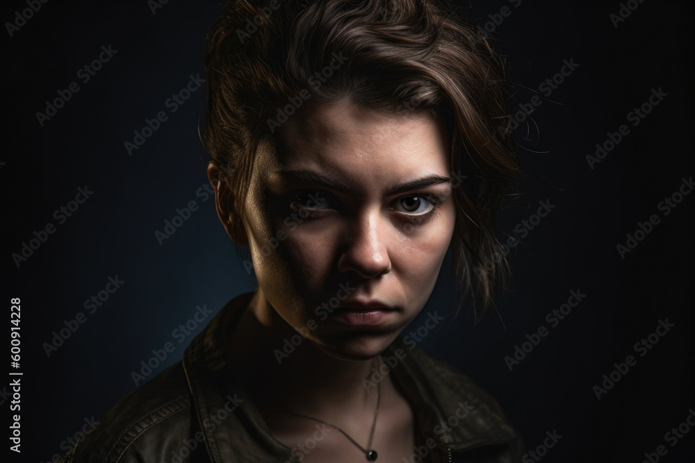Fierce female portrait with an angry expression captured in a studio setting with dramatic lighting and deep shadows, generative ai Fierce female portrait with an angry expression captured in a studio setting with dramatic lighting and deep shadows, generative ai