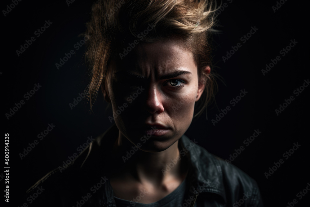 Female portrait showcasing anger and defiance in a moody and dramatic studio setting with deep shadows and strong light, generative ai Female portrait showcasing anger and defiance in a moody and dramatic studio setting with deep shadows and strong light, generative ai