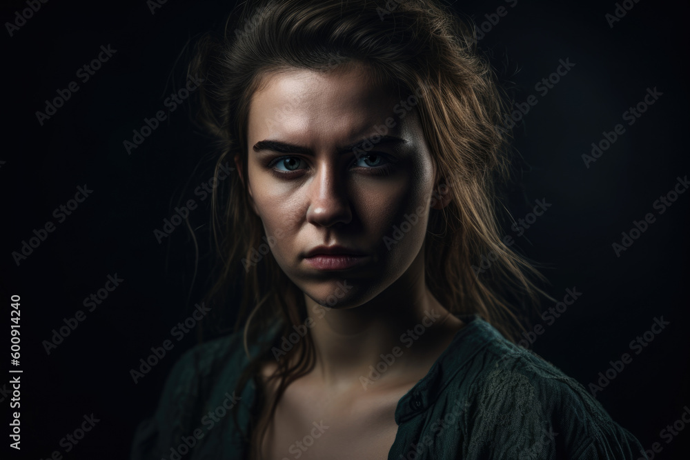 Female portrait showcasing anger and defiance in a moody and dramatic studio setting with deep shadows and strong light, generative ai