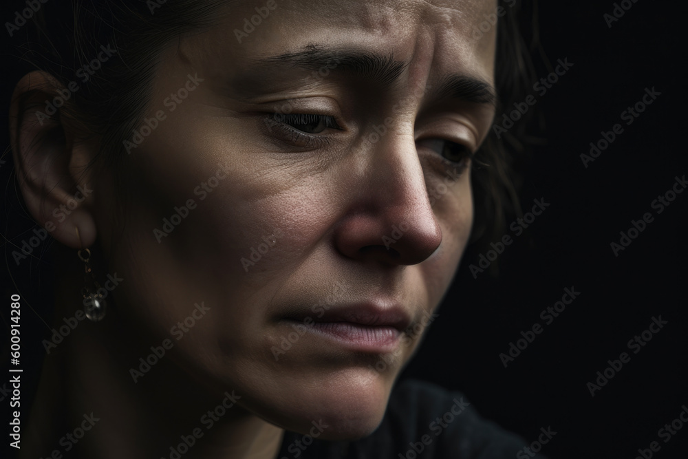 Grief-stricken Woman with a Single Tear Rolling Down Her Cheek, Reflecting on Loss, generative ai Grief-stricken Woman with a Single Tear Rolling Down Her Cheek, Reflecting on Loss, generative ai