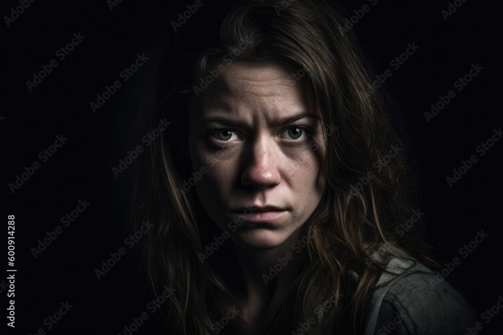 Haunting portrait of a woman with a fearful expression, set against a dark studio background, evoking a sense of danger and uncertainty, generative ai