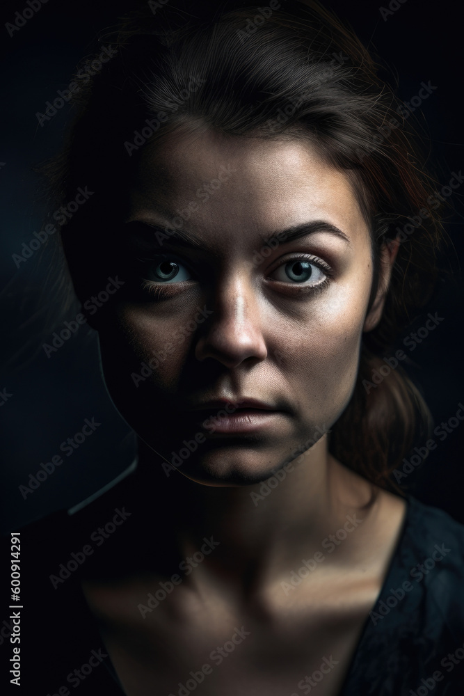 Haunting portrait of a woman with a fearful expression, set against a dark studio background, evoking a sense of danger and uncertainty, generative ai