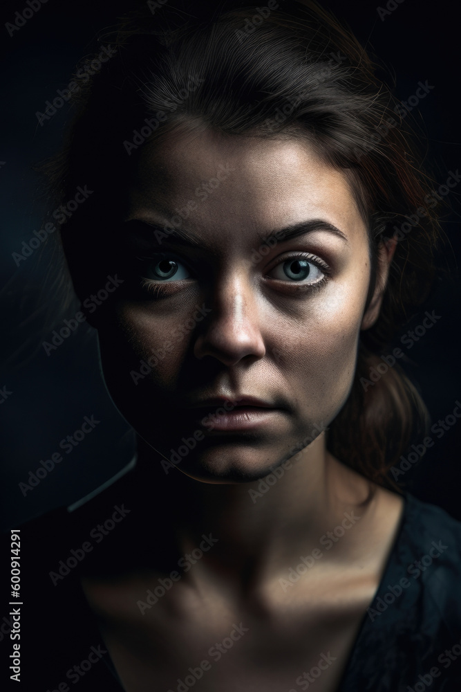 Haunting portrait of a woman with a fearful expression, set against a dark studio background, evoking a sense of danger and uncertainty, generative ai Haunting portrait of a woman with a fearful expression, set against a dark studio background, evoking a sense of danger and uncertainty, generative ai