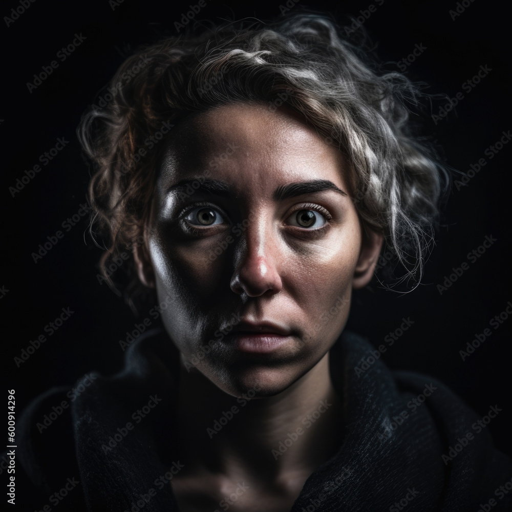 Haunting portrait of a woman with a fearful expression, set against a dark studio background, evoking a sense of danger and uncertainty, generative ai Haunting portrait of a woman with a fearful expression, set against a dark studio background, evoking a sense of danger and uncertainty, generative ai