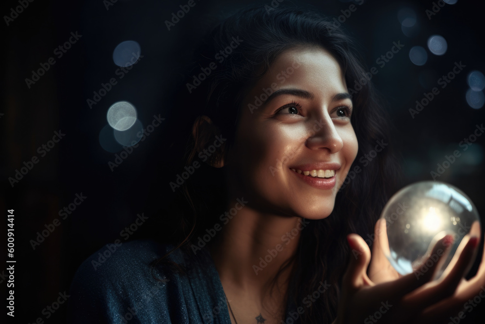 Naklejka premium Joyful Woman Captivated by a Magical Floating Orb of Light, generative ai