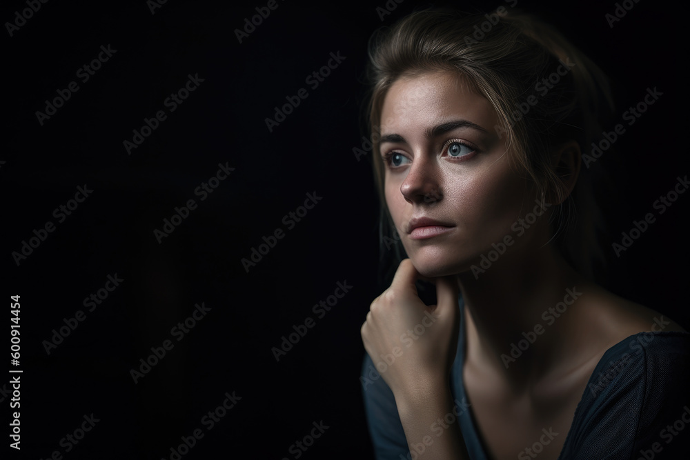 Melancholic beauty captured in a portrait of a pensive woman in a studio setting with soft lighting and a blurred background, generative ai