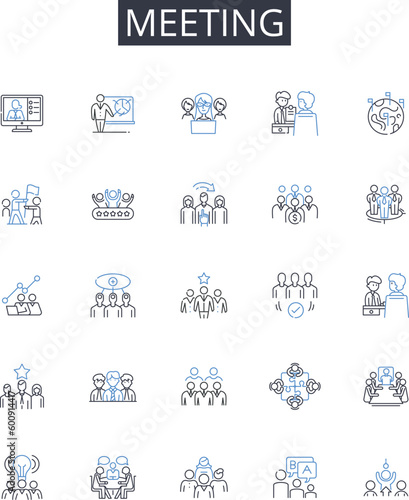 Meeting line icons collection. Leadership, Experience, Strategy, Vision, Decision-making, Collaboration, Communication vector and linear illustration. Accountability,Influence,Empowerment outline photo