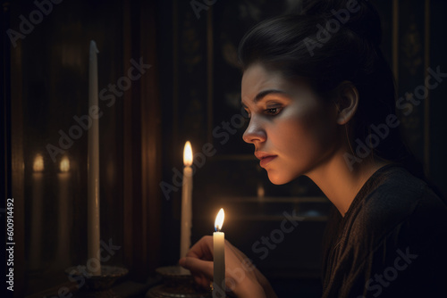Melancholy Woman Gazing at the Flickering Flame of a Candle, Seeking Solace in Stillness, generative ai