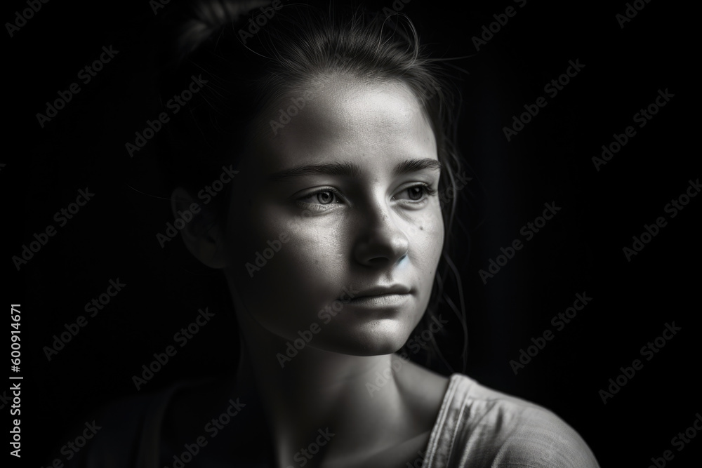 Poignant portrait of a woman in a minimalist studio setting with a solemn expression and a faint hint of a smile amidst her sadness, generative ai