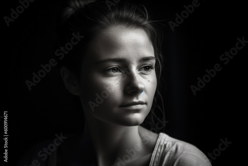 Poignant portrait of a woman in a minimalist studio setting with a solemn expression and a faint hint of a smile amidst her sadness, generative ai