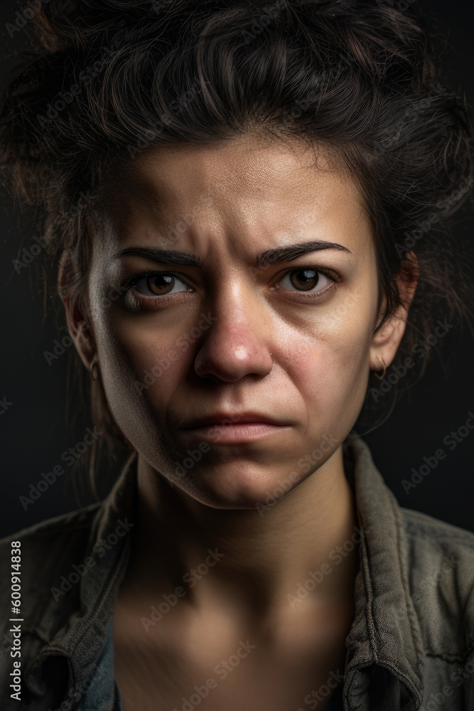 Portrait of a woman frowning with downcast eyes, expressing disappointment, against a somber, textured studio background, generative ai