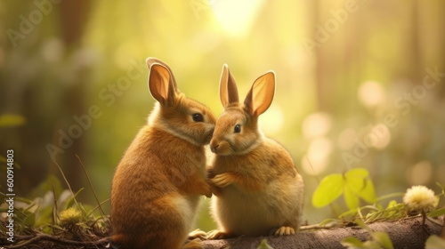 A loving rabbit grooming its mate. AI generated