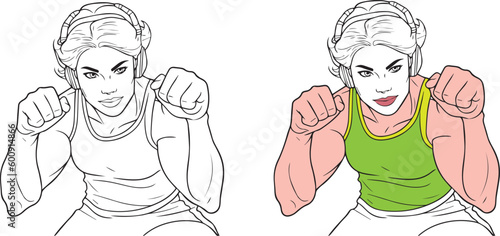 coloring book for kids, girl exercise at gym, black and white, 100% editable colorable