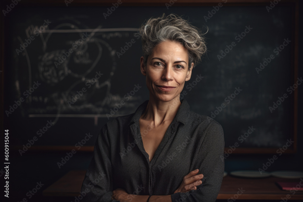 Portrait of a woman with a proud, confident expression, standing in front of a chalkboard with her arms crossed, set against a creative, educational studio background, generative ai Portrait of a woman with a proud, confident expression, standing in front of a chalkboard with her arms crossed, set against a creative, educational studio background, generative ai