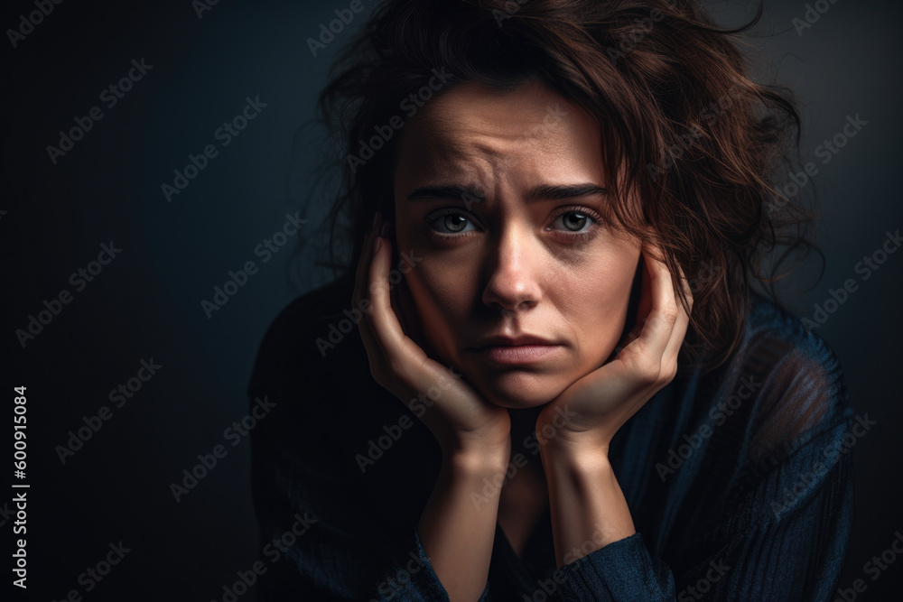 Portrait of a woman with a regretful expression, resting her head on her hands, against a softly lit studio background, generative ai Portrait of a woman with a regretful expression, resting her head on her hands, against a softly lit studio background, generative ai