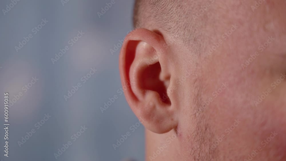 Expressive bald man shows ability to wiggle ears on blue Expressive bald man shows ability to wiggle ears on blue