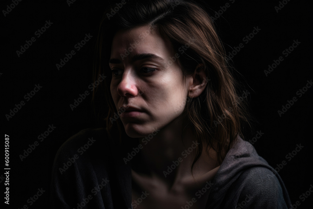 Portrait of a woman with a somber expression, looking down in regret, against a dark, moody studio background, generative ai Portrait of a woman with a somber expression, looking down in regret, against a dark, moody studio background, generative ai