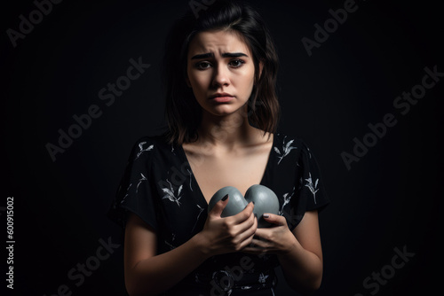 Portrait of a woman with a disappointed expression, holding a broken heart in her hands, set against a moody studio background, generative ai