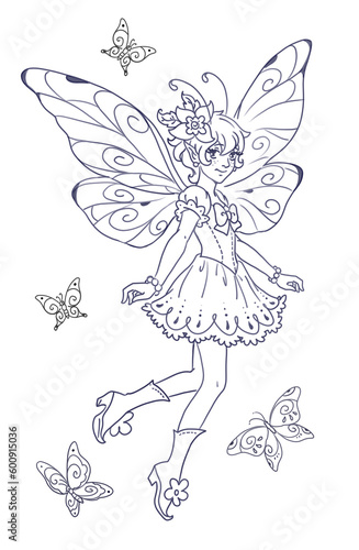 beautiful coloring book contour illustration with little pixie princess among butterflies