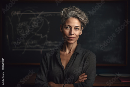 Portrait of a woman with a proud, confident expression, standing in front of a chalkboard with her arms crossed, set against a creative, educational studio background, generative ai