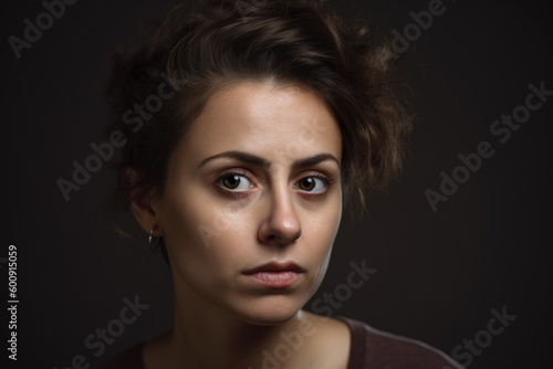 Portrait of a woman with a puzzled expression on her face, raising one eyebrow and tilting her head against a monochrome studio background, generative ai