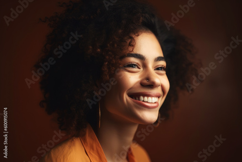Portrait of a woman with a radiant smile, displaying an optimistic expression, against a bright, uplifting studio background, generative ai