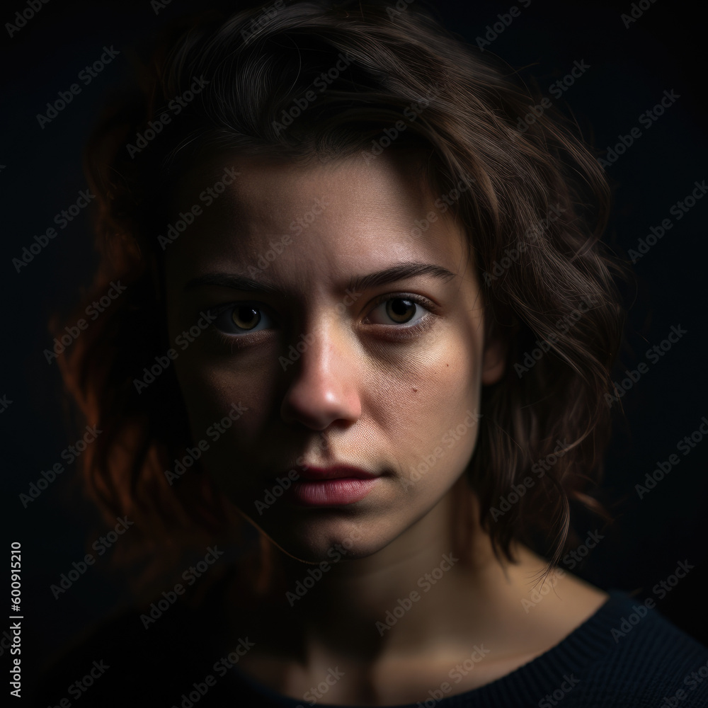 Portrait of a young woman expressing disappointment on a studio background with soft, moody lighting, generative ai Portrait of a young woman expressing disappointment on a studio background with soft, moody lighting, generative ai