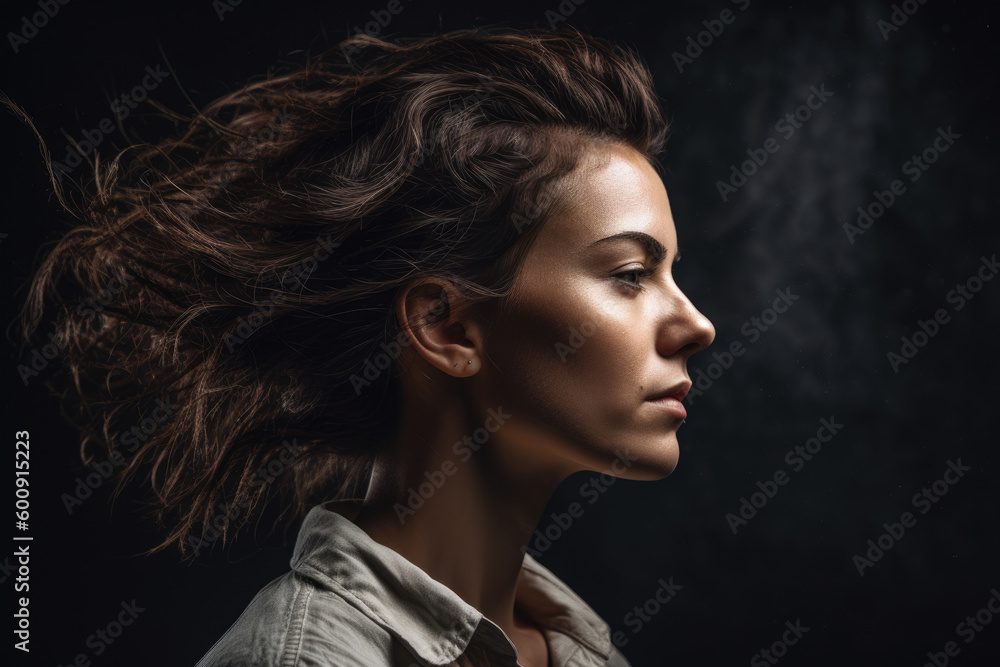 Profile portrait of a woman with a proud, determined expression, facing the wind, set against an artistic, textured studio background, generative ai Profile portrait of a woman with a proud, determined expression, facing the wind, set against an artistic, textured studio background, generative ai