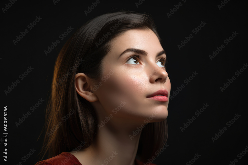 Fototapeta premium Profile view of a woman with a baffled expression, eyes wide and mouth slightly open, set against a contrasting studio background, generative ai