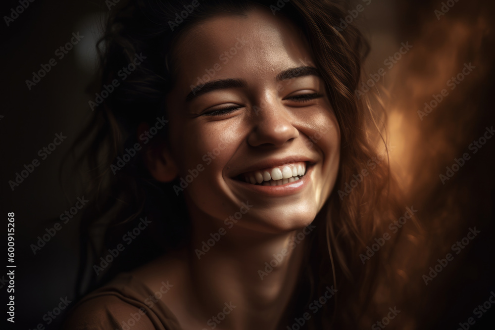 Radiant portrait of a woman with a joyful smile and closed eyes, expressing gratitude and contentment, captured in a studio with soft lighting and warm tones, generative ai Radiant portrait of a woman with a joyful smile and closed eyes, expressing gratitude and contentment, captured in a studio with soft lighting and warm tones, generative ai