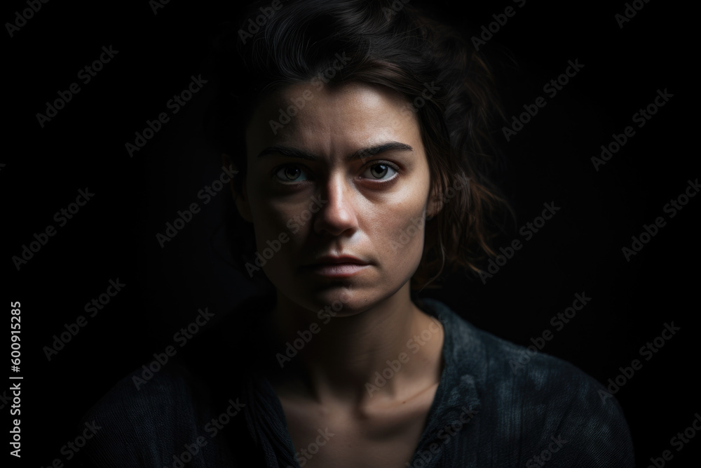 Resentful portrait of a woman in a studio environment with a sullen expression and a brooding mood, generative ai Resentful portrait of a woman in a studio environment with a sullen expression and a brooding mood, generative ai