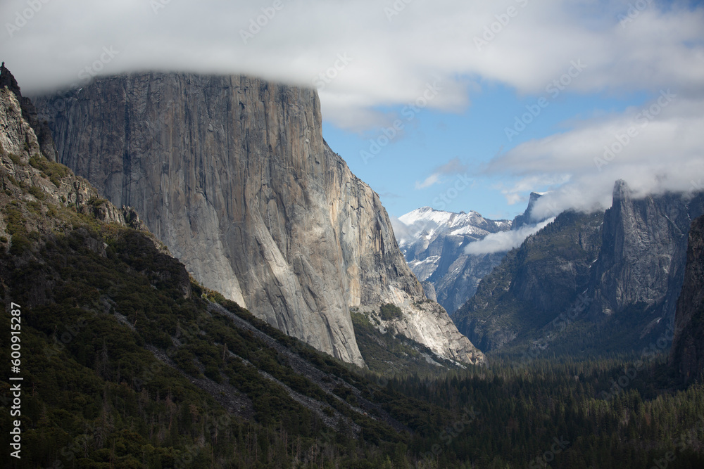 Yosemite NP, CA, USA - March 29, 2022:  Majestic views of granite formations, waterfalls, lakes and streams located within this popular destination.