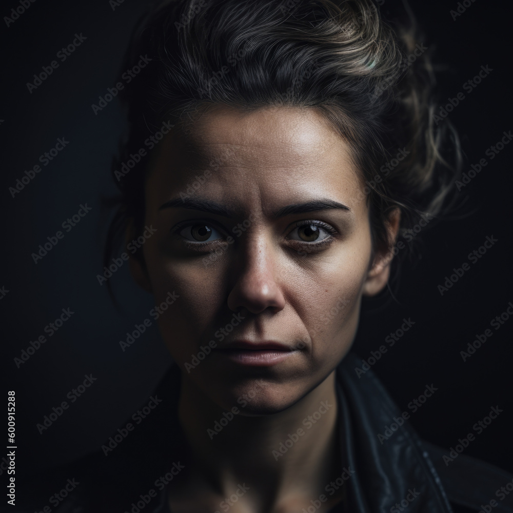 Resentful portrait of a woman in a studio environment with a sullen expression and a brooding mood, generative ai Resentful portrait of a woman in a studio environment with a sullen expression and a brooding mood, generative ai