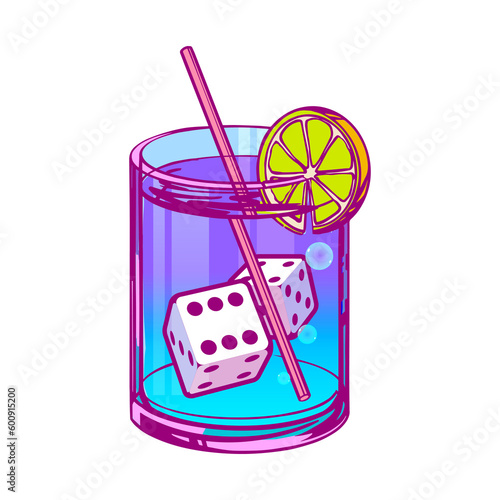 Cocktail with playing ice cubes in pop art style on a white background for printing and design. Vector illustration.