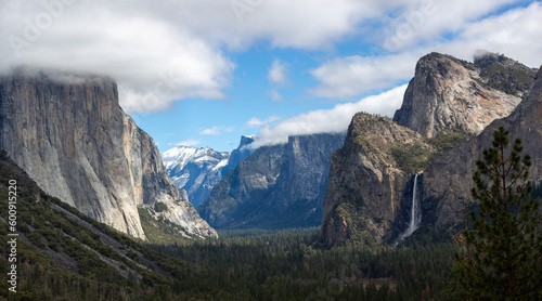 Yosemite NP, CA, USA - March 29, 2022: Majestic views of granite formations, waterfalls, lakes and streams located within this popular destination.