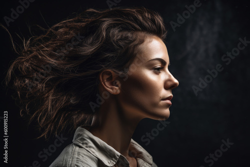 Profile portrait of a woman with a proud, determined expression, facing the wind, set against an artistic, textured studio background, generative ai