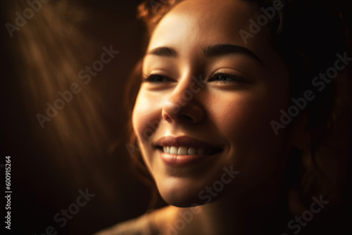 Radiant portrait of a woman with a joyful smile and closed eyes, expressing gratitude and contentment, captured in a studio with soft lighting and warm tones, generative ai